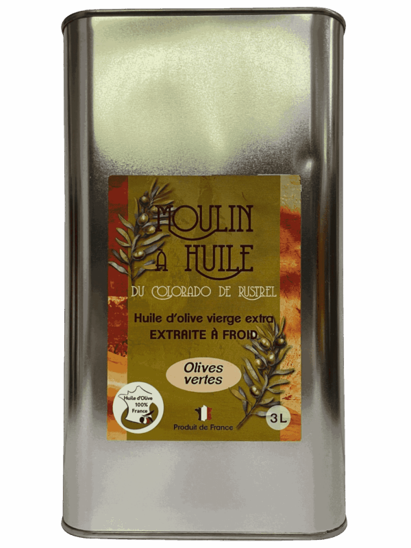 Bidon en acier de 3 litres d’huile d’olive aux olives vertes du Moulin de Rustrel
