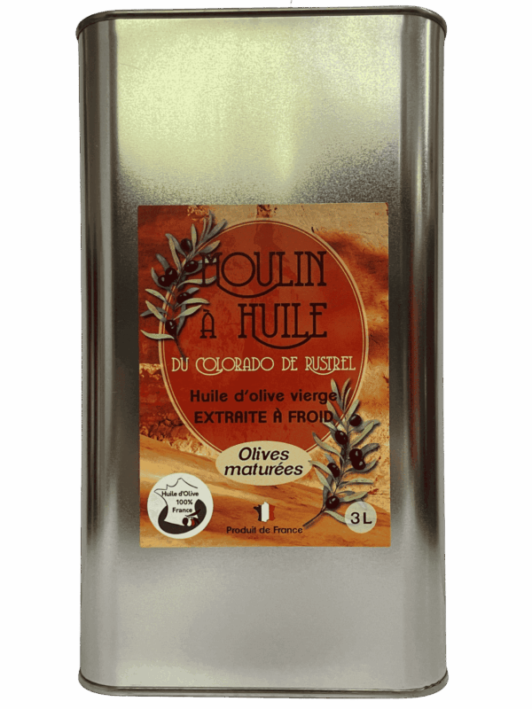 Bidon en acier 3 litres d’huile d’olive aux olives maturées du Moulin de Rustrel