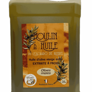 Bidon plastique de 3 litres d’huile d’olive aux olives mûres du Moulin de Rustrel
