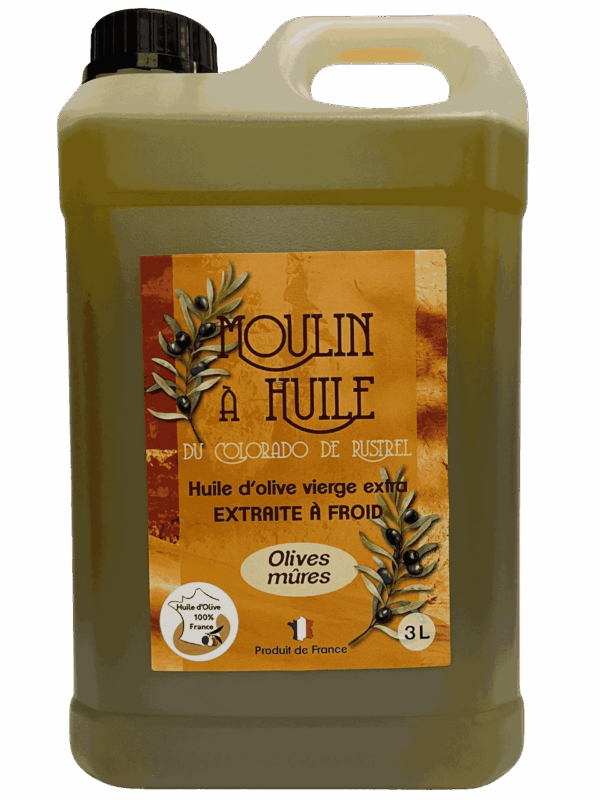 Bidon plastique de 3 litres d’huile d’olive aux olives mûres du Moulin de Rustrel