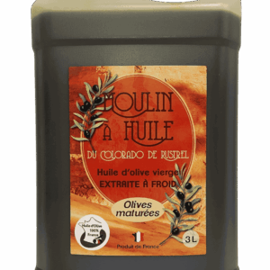 Bidon plastique de 3 litres d’huile d’olive aux olives maturées du Moulin de Rustrel