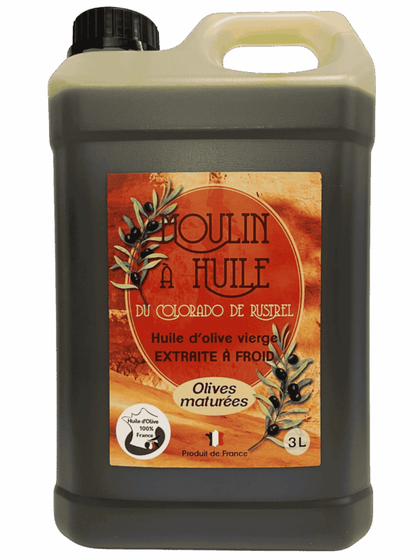 Bidon plastique de 3 litres d’huile d’olive aux olives maturées du Moulin de Rustrel