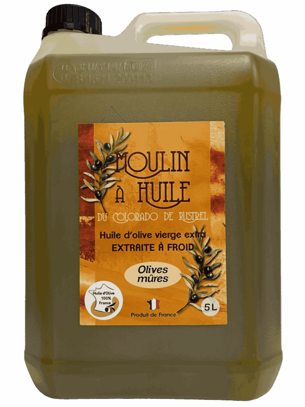 Bidon plastique de 5 litres d’huile d’olive aux olives mûres du Moulin de Rustrel