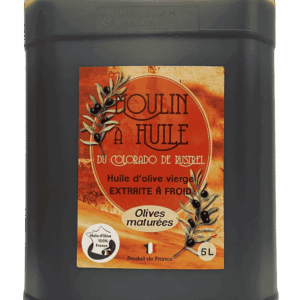 Bidon plastique de 5 litres d’huile d’olive aux olives maturées du Moulin de Rustrel