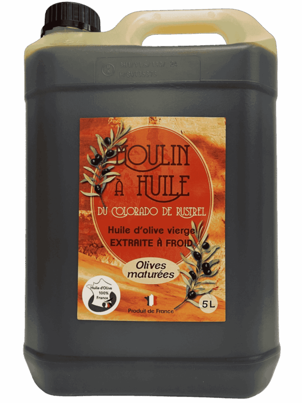 Bidon plastique de 5 litres d’huile d’olive aux olives maturées du Moulin de Rustrel