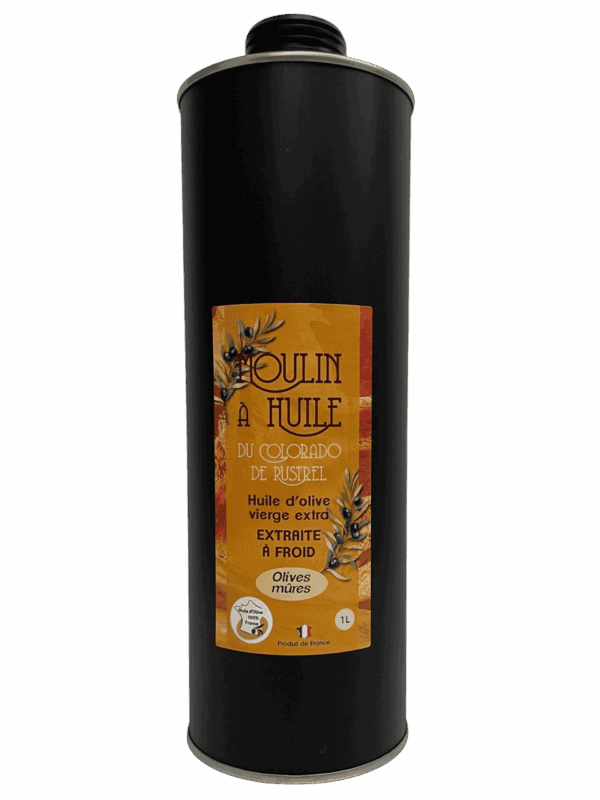 Bidon en inox noir 1 litre d’huile d’olive aux olives mûres du Moulin de Rustrel