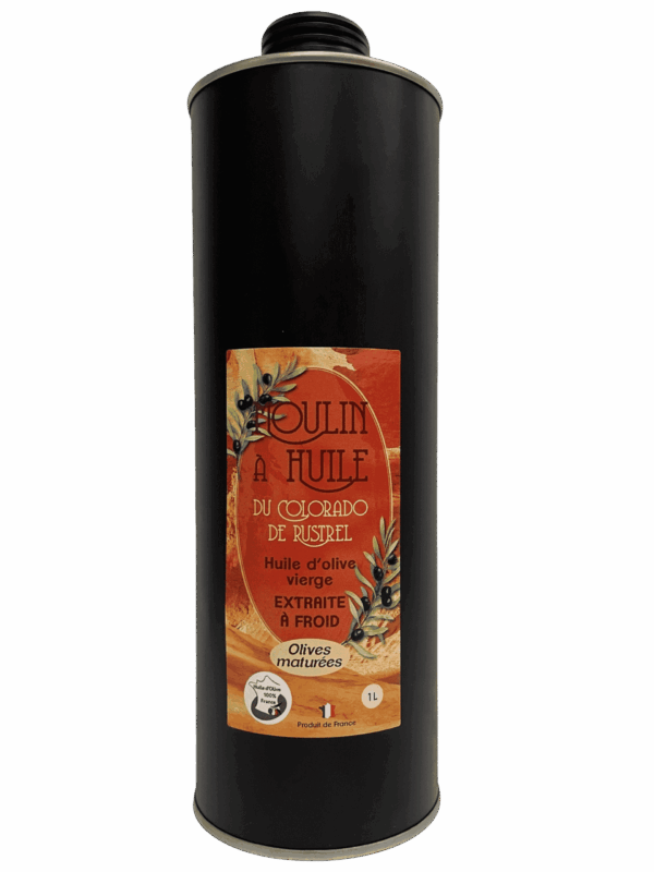 Bidon noir 1L d'huile d'olive maturée du moulin de Rustrel