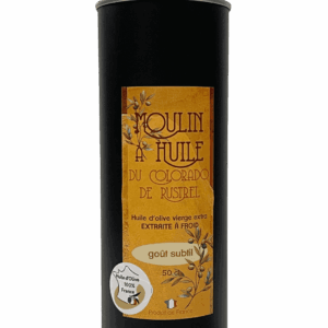 Bidon en inox noir 50cl d’huile d’olive aux olives mûres du Moulin de Rustrel