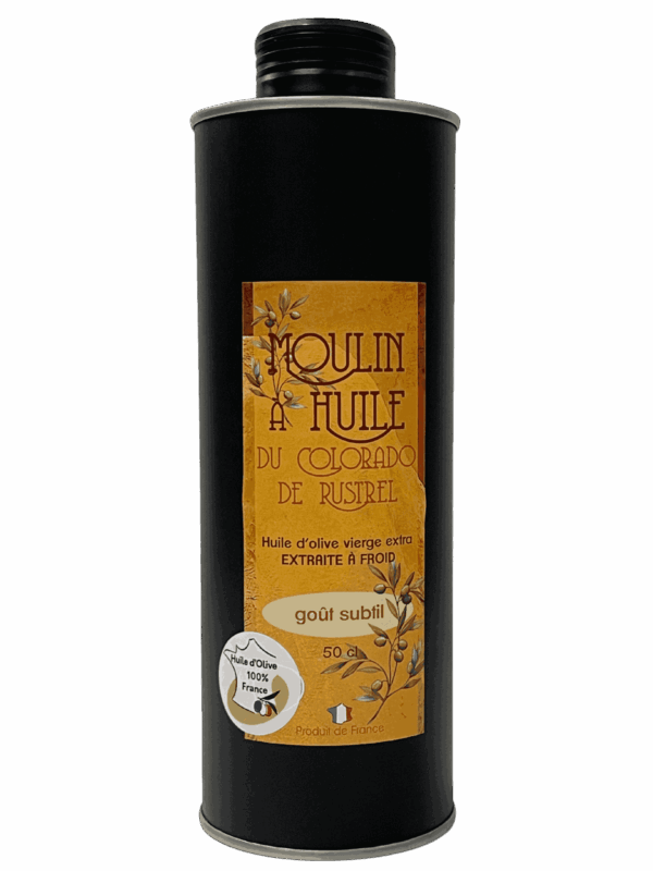 Bidon en inox noir 50cl d’huile d’olive aux olives mûres du Moulin de Rustrel