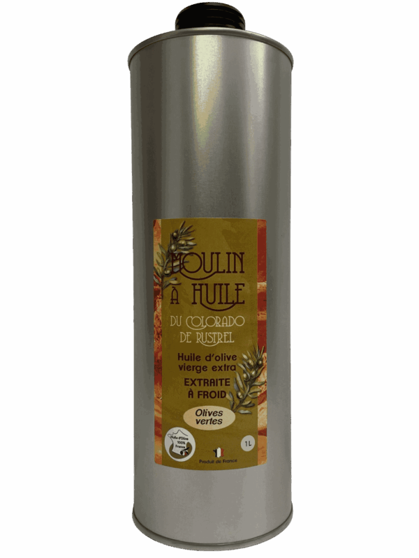 Bidon en acier de 1 litre d’huile d’olive aux olives vertes du Moulin de Rustrel