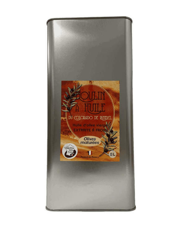 Bidon de 5 litres d'huile d'olive vierge extra du Moulin du Colorado à Rustrel, sur fond neutre.