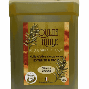 Bidon en plastique de 3 litres d’huile d’olive aux olives vertes du Moulin de Rustrel