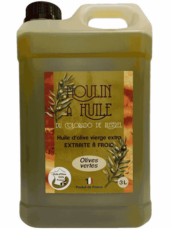 Bidon en plastique de 3 litres d’huile d’olive aux olives vertes du Moulin de Rustrel