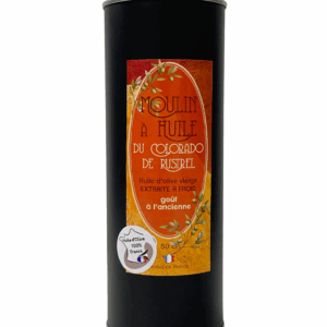 Bidon en acier de 50cl d’huile d’olive vierge extra au goût à l’ancienne, élaborée selon des méthodes traditionnelles – saveur rustique et authentique.
