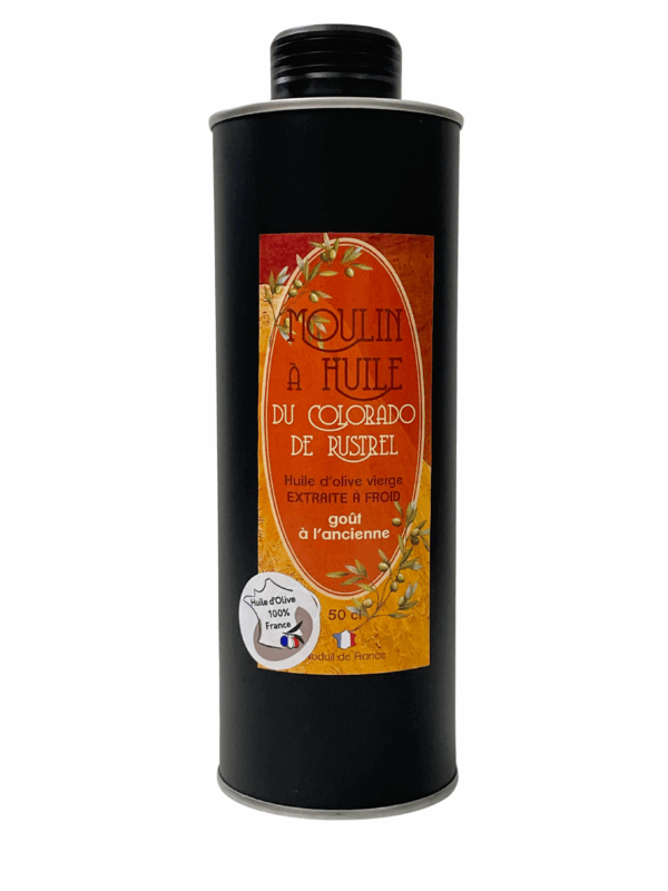 Bidon en acier de 50cl d’huile d’olive vierge extra au goût à l’ancienne, élaborée selon des méthodes traditionnelles – saveur rustique et authentique.