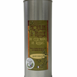 Bidon en acier de 50cl d’huile d’olive vierge extra au goût intense, élaborée à partir d’olives récoltées à maturité – idéale pour sublimer les plats avec caractère.