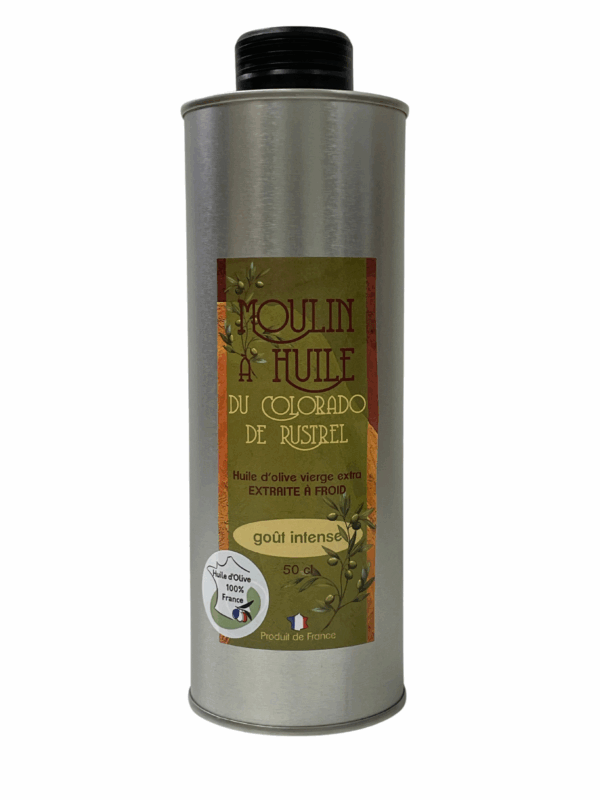 Bidon en acier de 50cl d’huile d’olive vierge extra au goût intense, élaborée à partir d’olives récoltées à maturité – idéale pour sublimer les plats avec caractère.