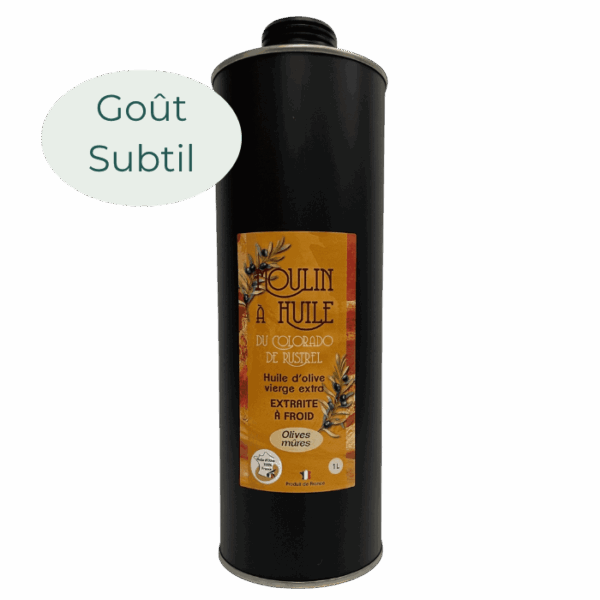 Bidon en inox noir 1 litre d’huile d’olive aux olives mûres du Moulin de Rustrel