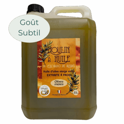 Bidon plastique de 5 litres d’huile d’olive aux olives mûres du Moulin de Rustrel