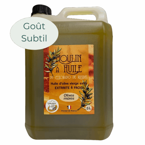 Bidon plastique de 5 litres d’huile d’olive aux olives mûres du Moulin de Rustrel