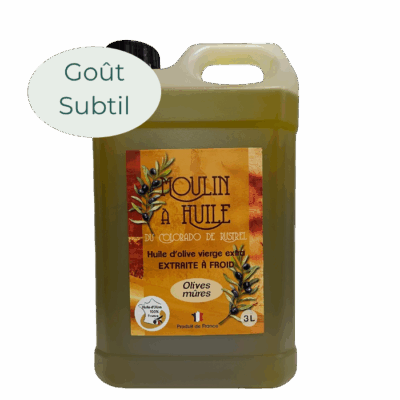 Bidon plastique de 3 litres d’huile d’olive aux olives mûres du Moulin de Rustrel