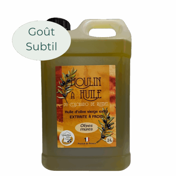 Bidon plastique de 3 litres d’huile d’olive aux olives mûres du Moulin de Rustrel