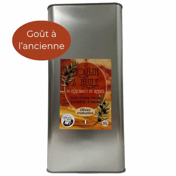 Bidon de 5 litres d'huile d'olive vierge extra du Moulin du Colorado à Rustrel, sur fond neutre.