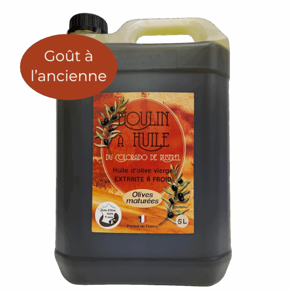 Bidon plastique de 5 litres d’huile d’olive aux olives maturées du Moulin de Rustrel