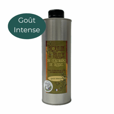 Bidon en acier de 50cl d’huile d’olive vierge extra au goût intense, élaborée à partir d’olives récoltées à maturité – idéale pour sublimer les plats avec caractère.
