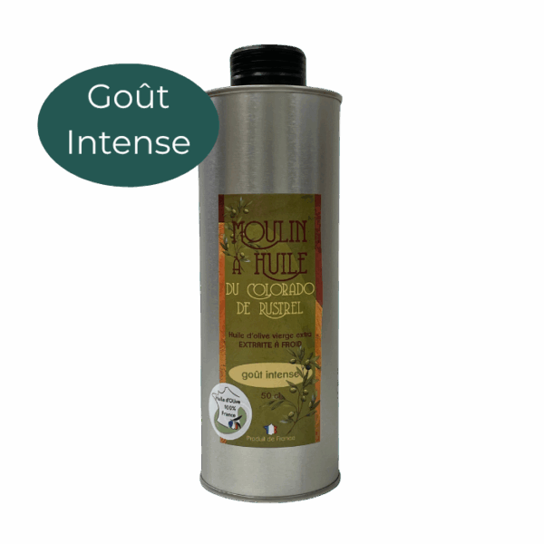 Bidon en acier de 50cl d’huile d’olive vierge extra au goût intense, élaborée à partir d’olives récoltées à maturité – idéale pour sublimer les plats avec caractère.