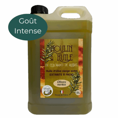 Bidon en plastique de 3 litres d’huile d’olive aux olives vertes du Moulin de Rustrel