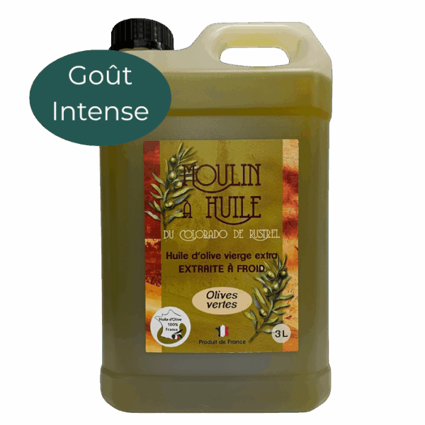 Bidon en plastique de 3 litres d’huile d’olive aux olives vertes du Moulin de Rustrel