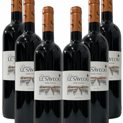 Pack de six bouteilles de vin rouge Le Saveou ocre rouge sur fond blanc