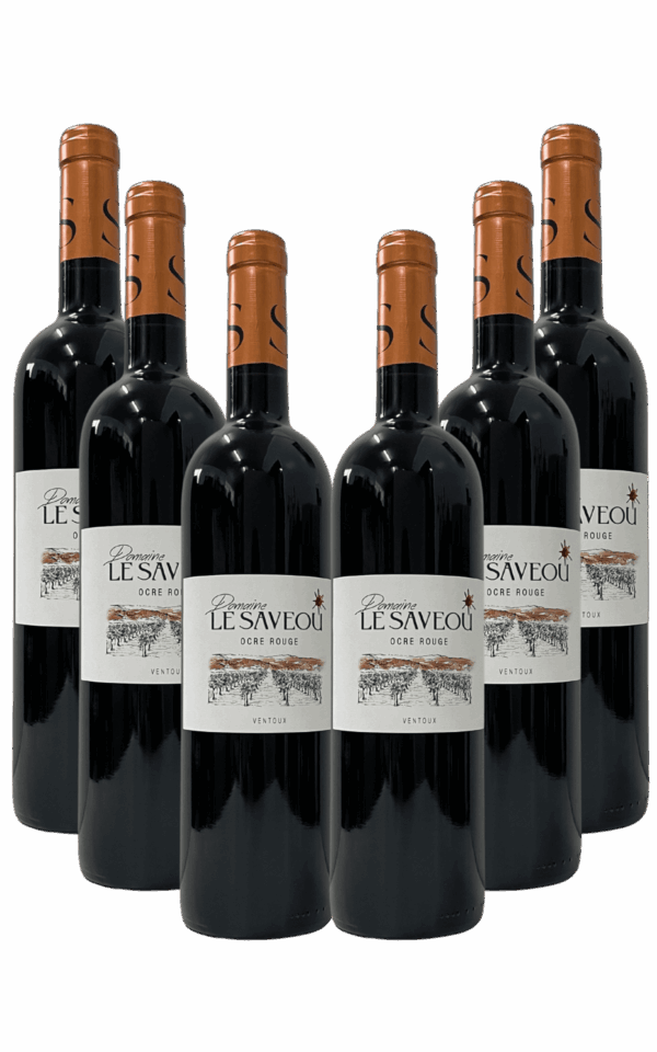 Pack de six bouteilles de vin rouge Le Saveou ocre rouge sur fond blanc