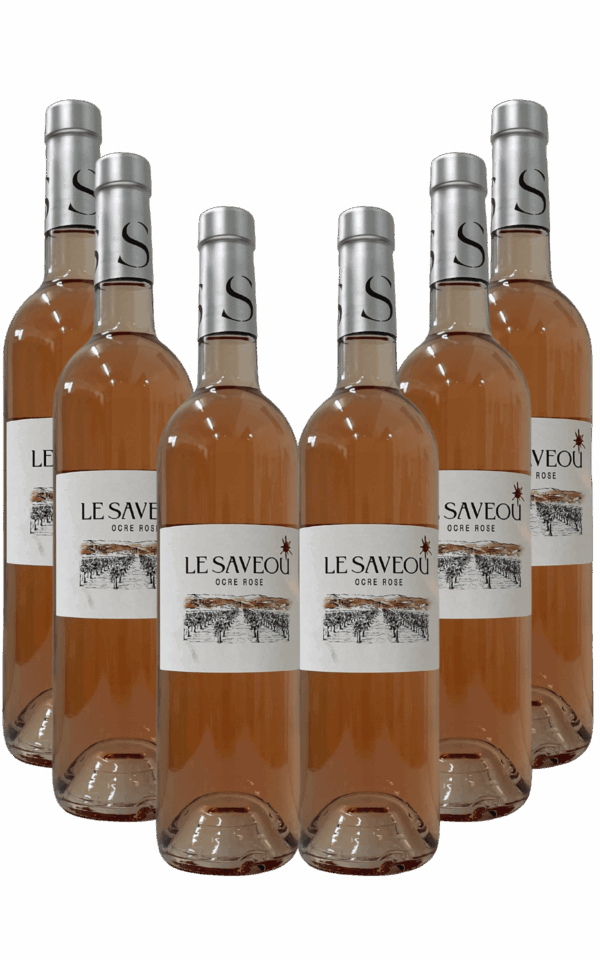 Pack de six bouteilles de vin rosé Le Saveou ocre rosé alignées sur fond blanc