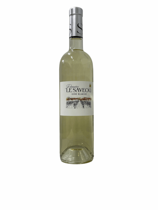 Bouteille de vin blanc Le Saveou ocre blanche sur fond neutre