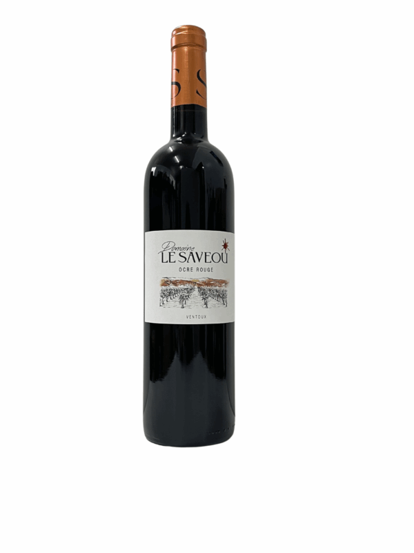 Bouteille de vin rouge Le Saveou ocre rouge posée sur fond blanc